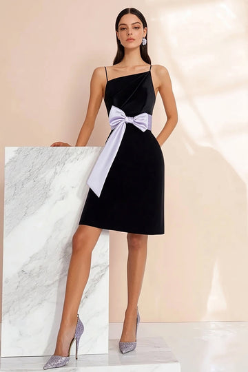 Black Spaghetti straps Satin Short Cocktail Dress with Bow